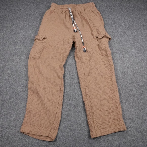 Sundry Pants - Sundry Womens Brown Gauze Cargo Pants Elastic Waist Drawstring XS Made in USA